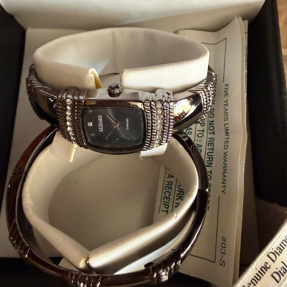 Kessaris Black and Silver Crystal Watch with genuine diamond dial.
